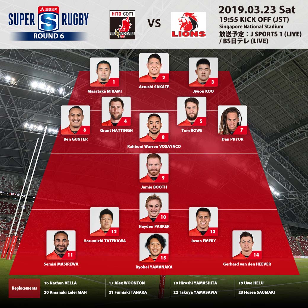 Starting line-up<br>
SUPER RUGBY 2019 ROUND 6 : vs.LIONS