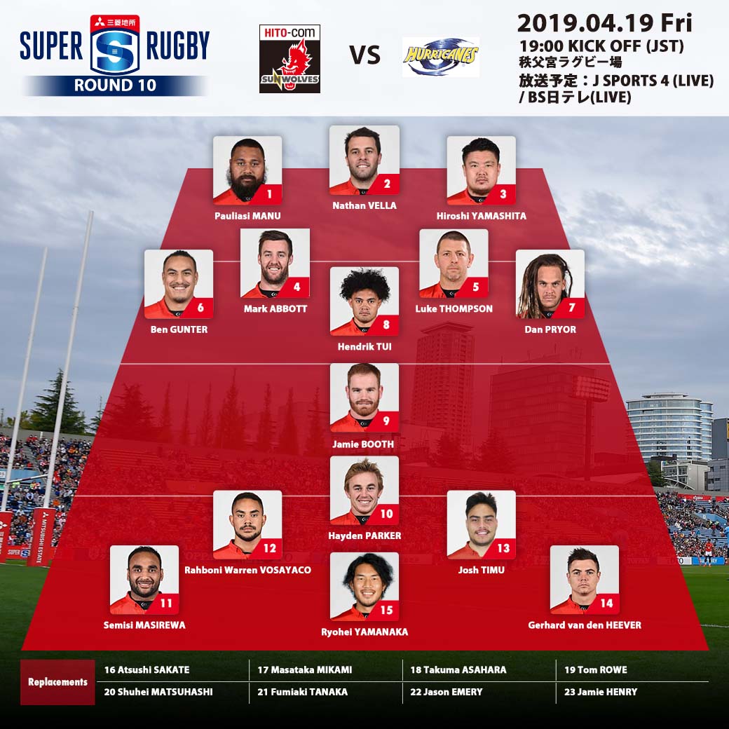 Starting line-up<br>
SUPER RUGBY 2019 ROUND 10 : vs.HURRICANES