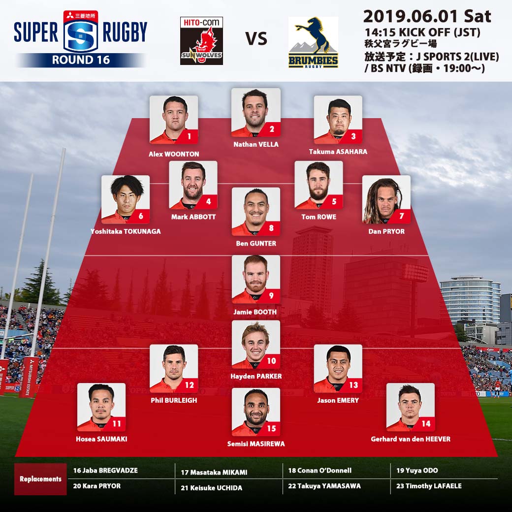 Starting line-up<br>
SUPER RUGBY 2019 ROUND 16 vs.BRUMBIES