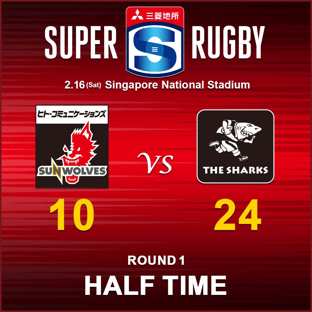 HALF TIME<br>
スーパーラグビー2019 ヒトコム サンウルブズ vs. シャークス