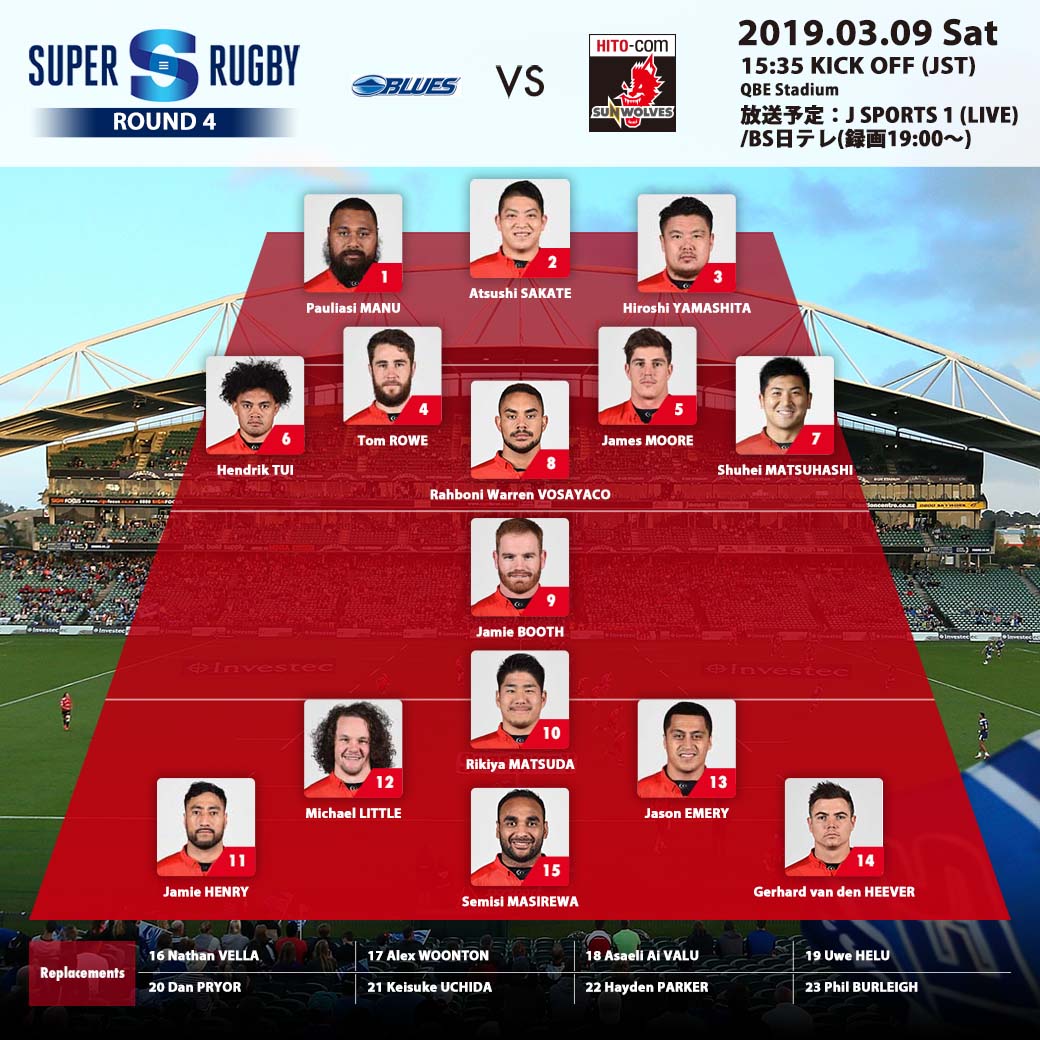Starting line-up<br>
SUPER RUGBY 2019 ROUND 4 : vs.BLUES